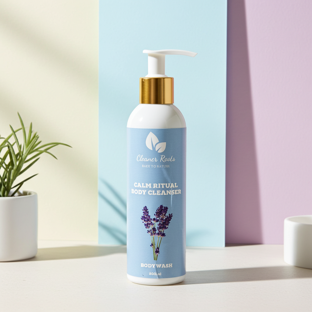 Body wash bottle with lavender design on a neutral background