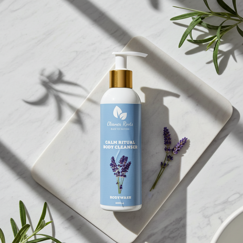 Body cleanser bottle with lavender design on a white surface with green leaves.