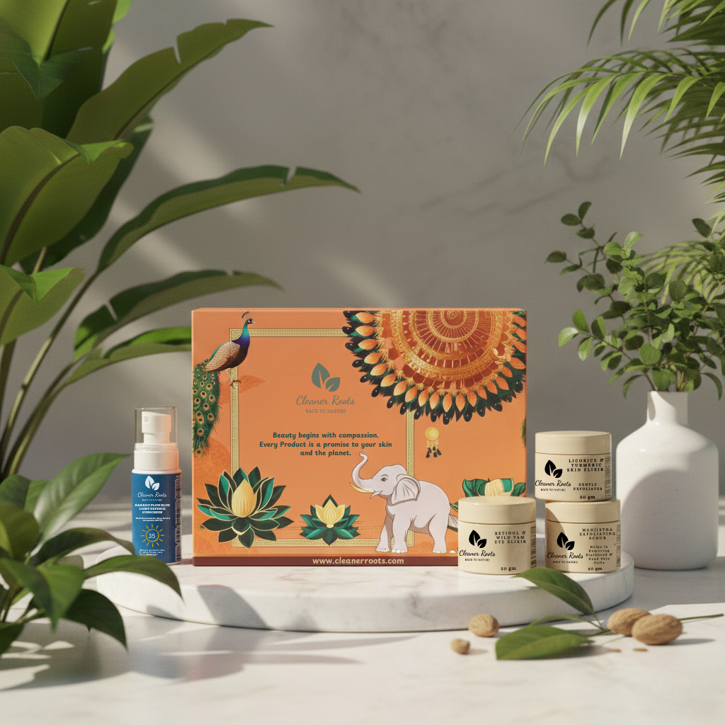 Cosmetic products and packaging with a nature-themed design on a light surface with plants.