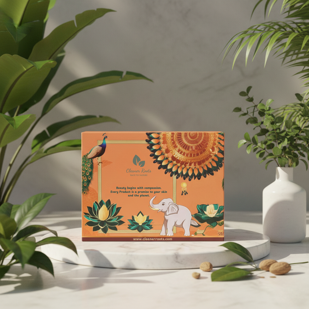 Product packaging with nature-themed design on a neutral background with plants.