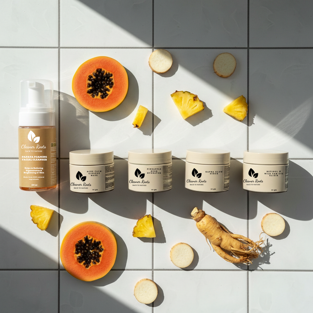 Cosmetic products with papaya, pineapple, and ginger on a tiled background