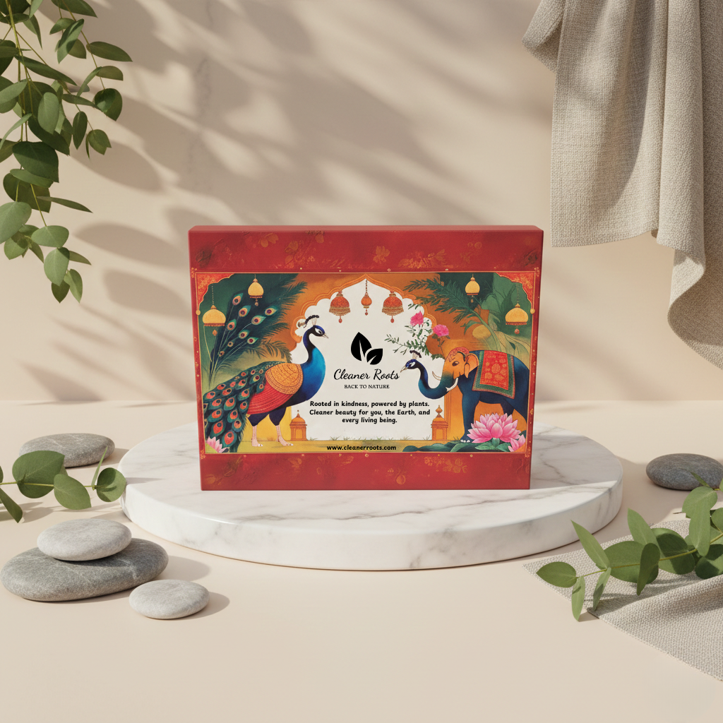 Decorative box with peacock and elephant design on a neutral background