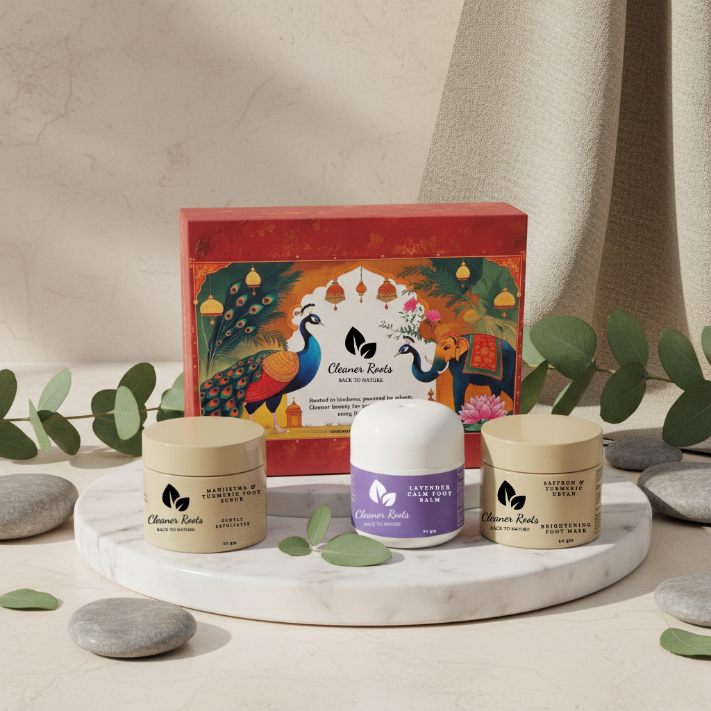 Cosmetic set with jars and a box on a decorative surface with peacock and elephant design.