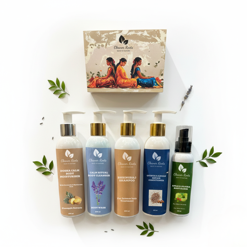 Set of skincare and hair care products with packaging on a white background