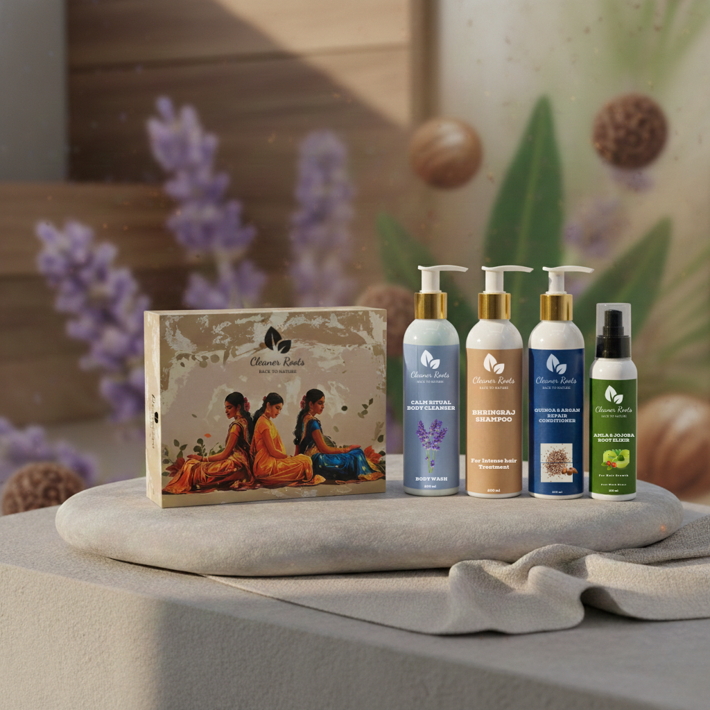 Set of natural skincare products on a stone surface with a blurred background featuring plants.