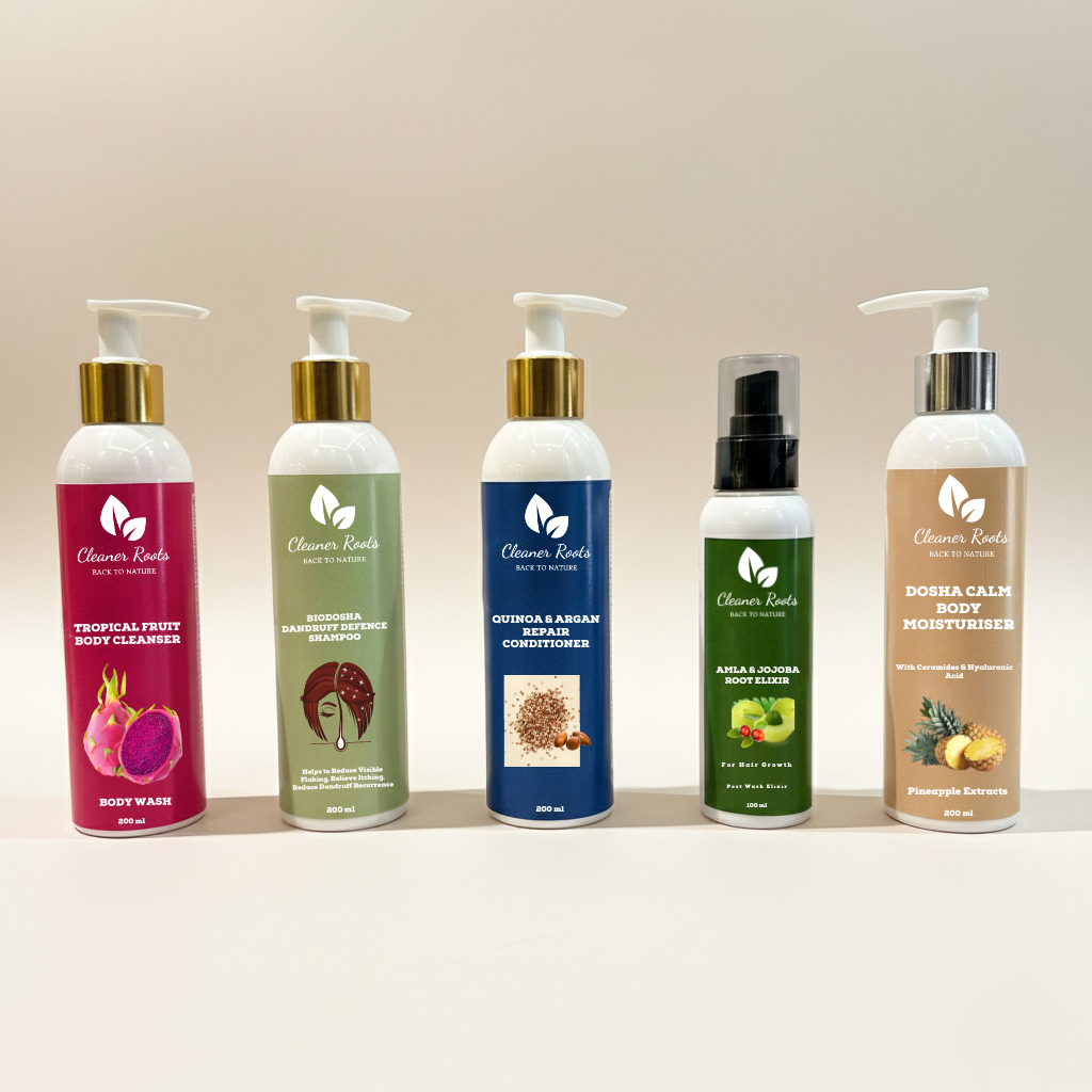Set of five 'Cleaner Roots' Kapha Full Body Kit, skincare products on a beige background