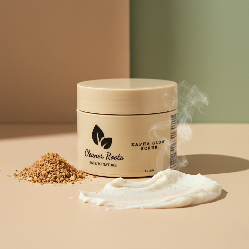 Jar of 'Kapha Glow Scrub' by 'Cleaner Roots' with scrub ingredients on a beige surface.