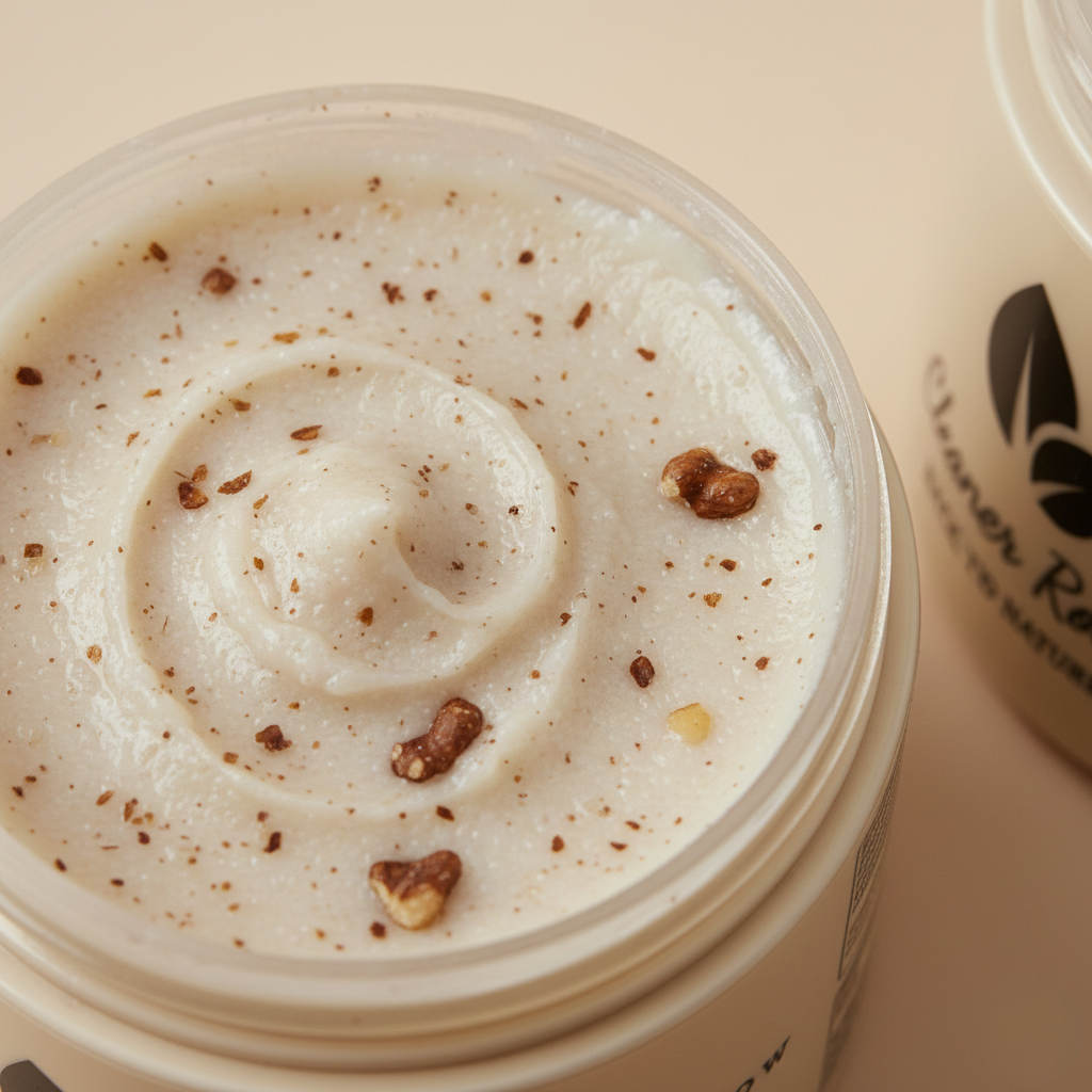 Close-up of a jar of cream with visible nuts on a beige background