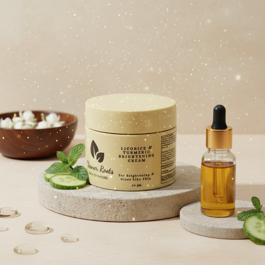 Skincare products including a jar, dropper bottle, and cucumbers on a neutral background