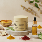 Jar of licorice and olive brightening cream with a dropper bottle on a natural background