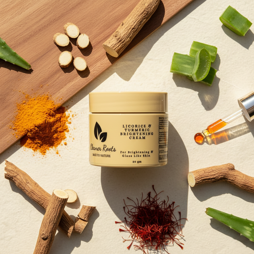 Jar of licorice and turmeric brightening cream surrounded by natural ingredients on a wooden board.