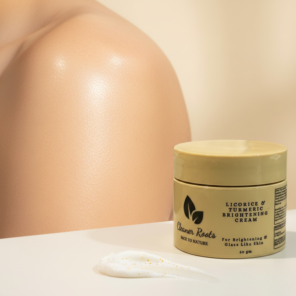 Jar of 'Cleaner Roots' licorice and turmeric brightening cream on a neutral background