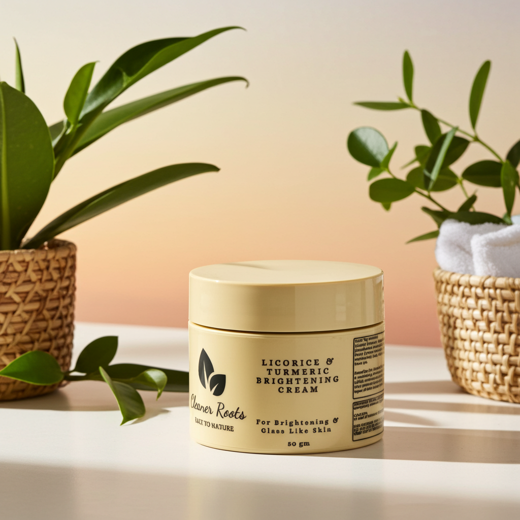 Jar of licorice and turmeric brightening cream on a table with plants in the background