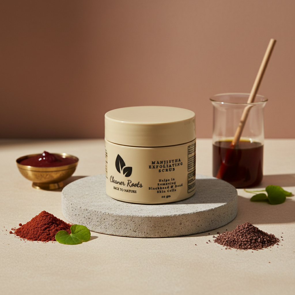 Jar of 'Cleaner Roots' product on a stone platform with ingredients and tools in the background.