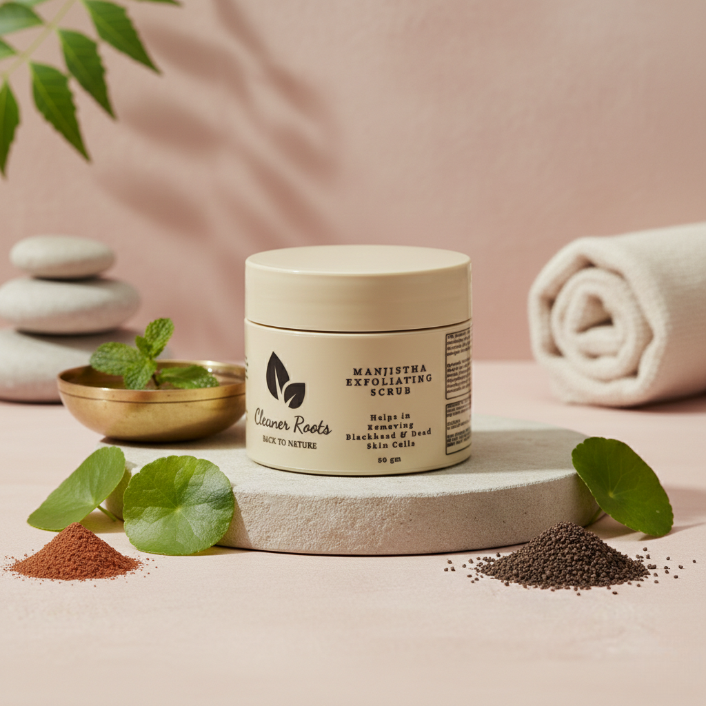 Cosmetic jar labeled 'Manjistha Exfoliating Scrub' by 'Cleaner Roots' on a pink background with natural elements.