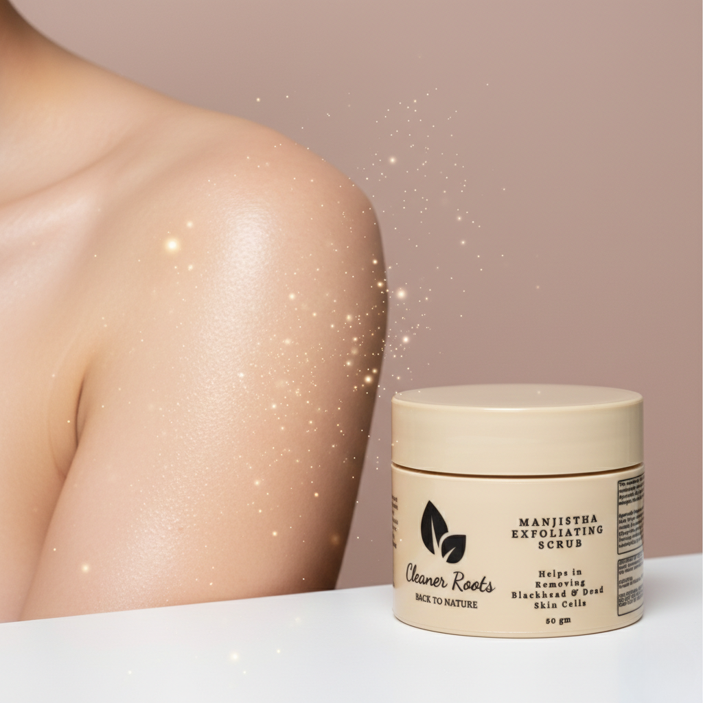 Jar of Cleaner Roots Manjistha Exfoliating Scrub next to a person with glowing skin on a light background