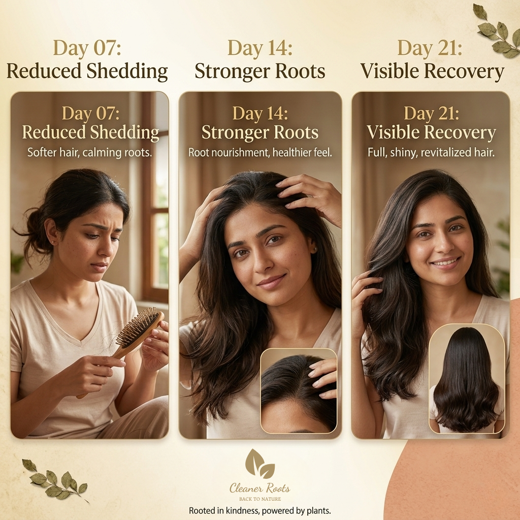 Three stages of hair care progress over 21 days with a woman and her hair, featuring text on reduced shedding, stronger roots, and visible recovery.