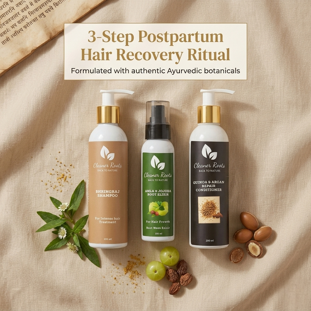 Three hair care products with Ayurvedic botanicals on a textured beige background