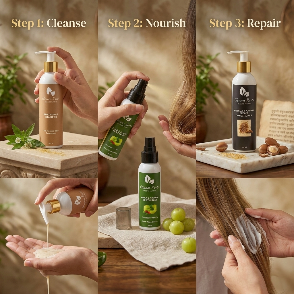 Collage of hair care products and steps for cleansing, nourishing, and repairing hair.