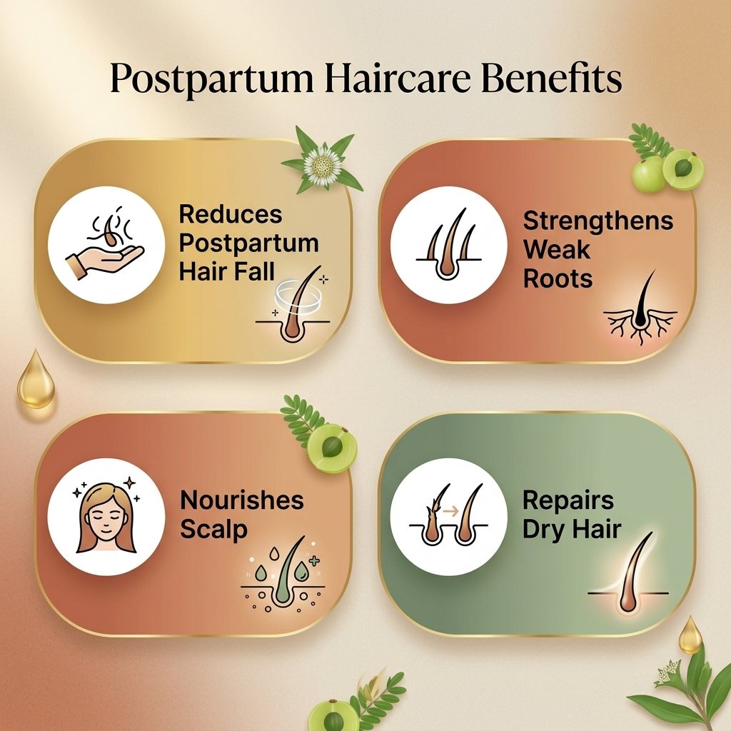 Postpartum haircare benefits with icons and text on a beige background