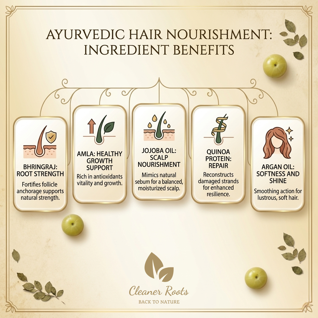 Ayurvedic hair nourishment infographic with ingredient benefits and 'Cleaner Roots' branding.