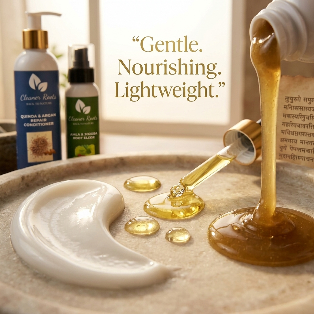 Cosmetic products with droplets on a textured surface, featuring text 'Gentle. Nourishing. Lightweight.'
