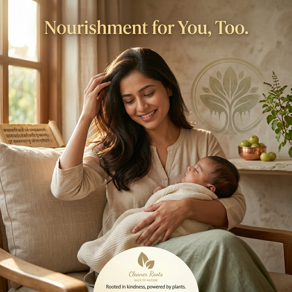 Woman holding a baby in a cozy room with 'Nourishment for You, Too' text and 'Cleaner Roots' logo.