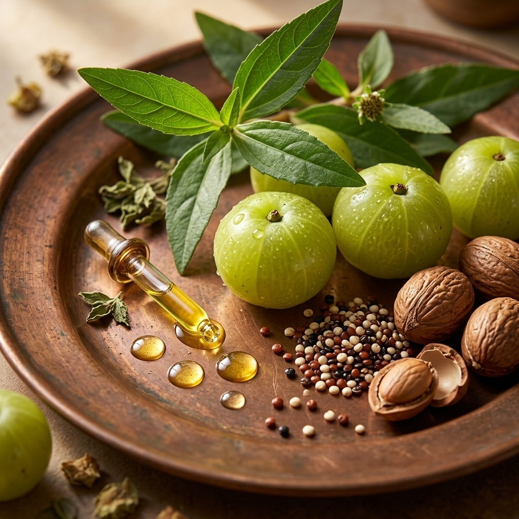 Green fruits, leaves, nuts, and a dropper with liquid on a wooden plate.