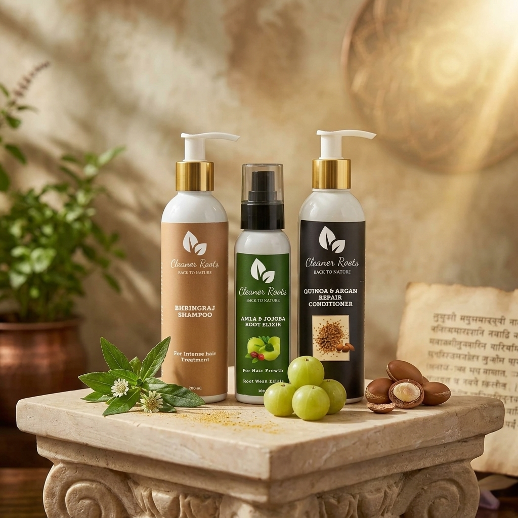 Three bottles of 'Cleaner Roots' hair care products on a decorative stone surface with plants and fruits.