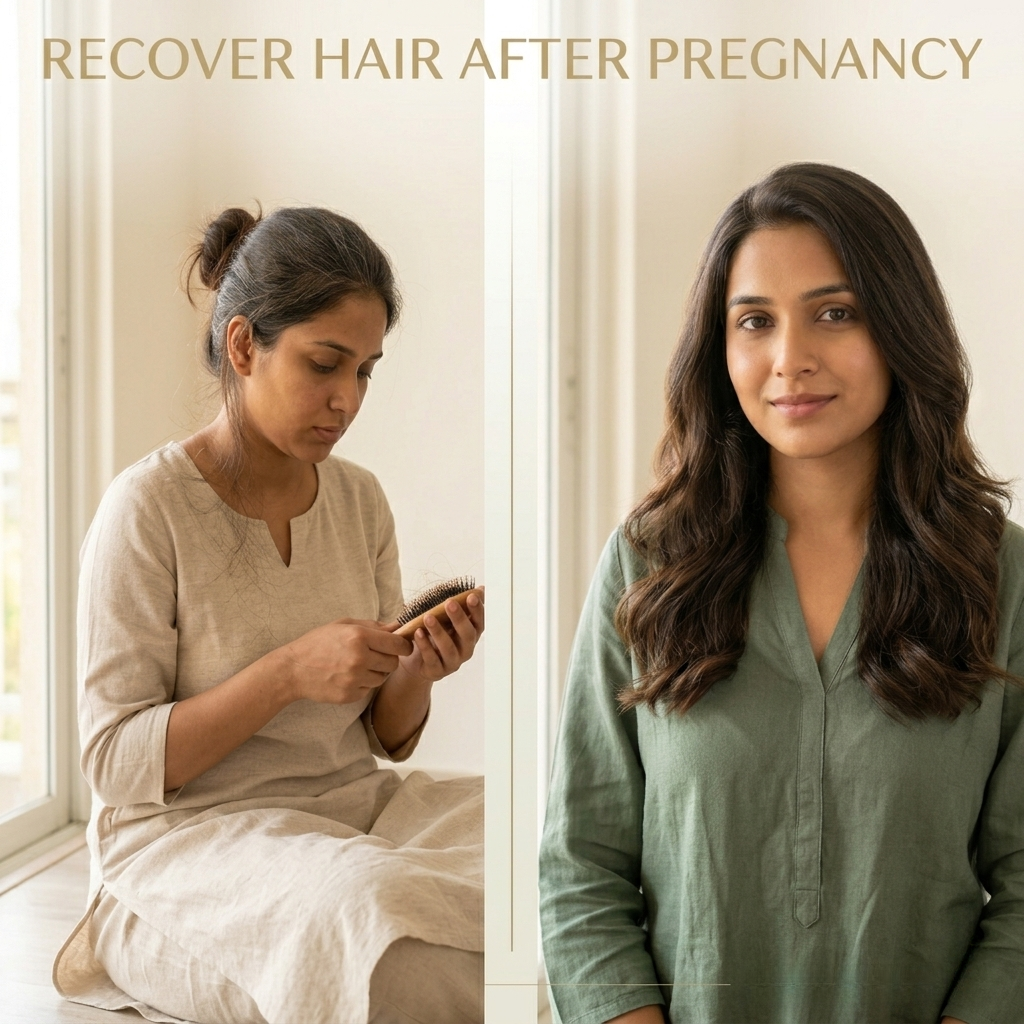 Woman combing hair on the left, and on the right, she is shown with recovered hair after pregnancy.