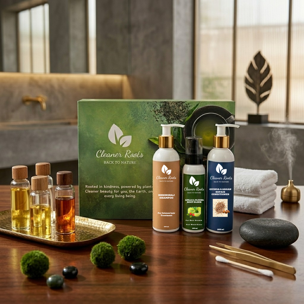 Collection of 'Cleaner Roots' products on a wooden surface with a green box in the background.