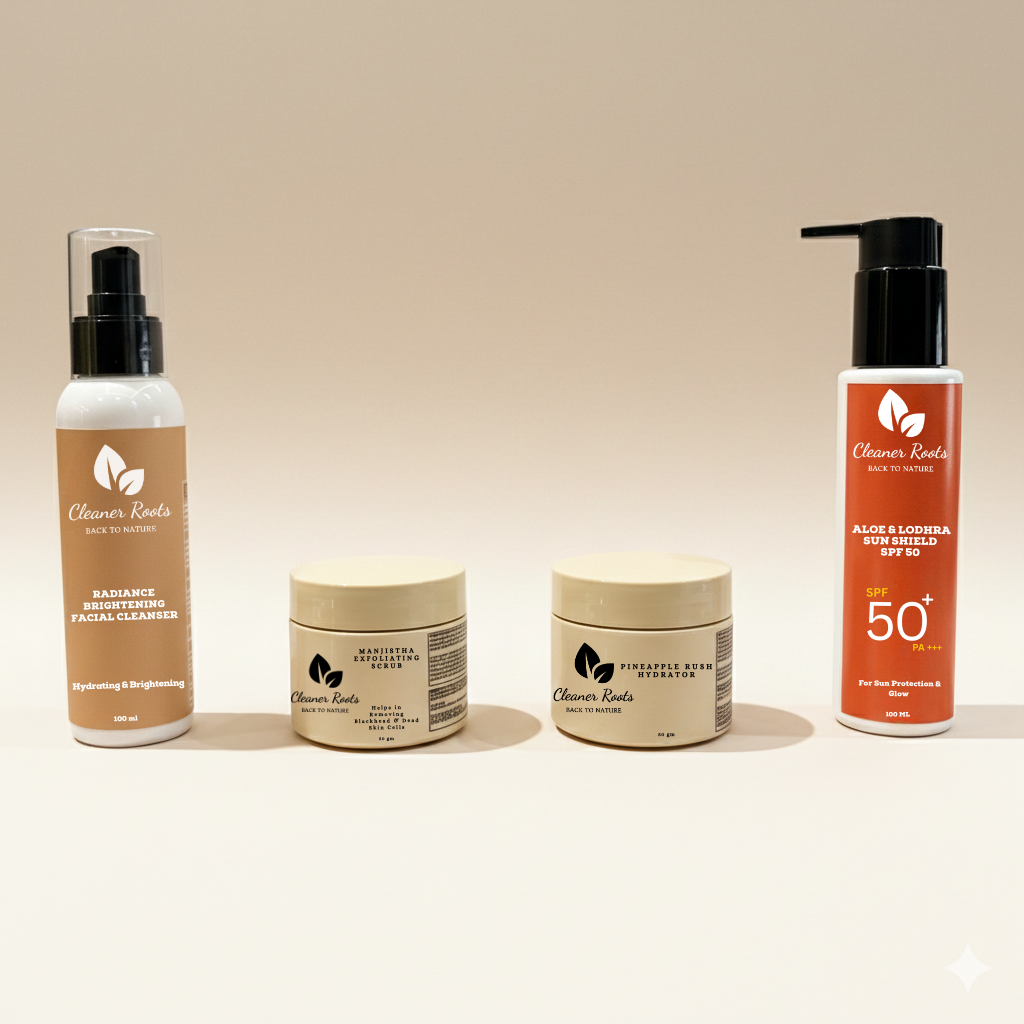 Collection of skincare products from Cleaner Roots on a beige background