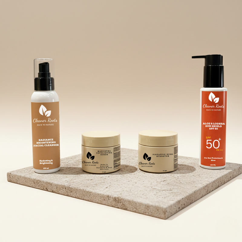 Collection of skincare products on a stone surface with a neutral background