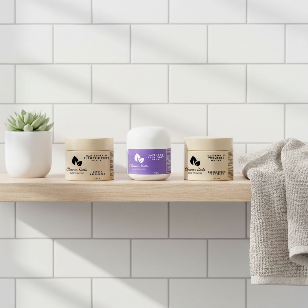 Three skincare jars on a wooden shelf with a white tiled wall background