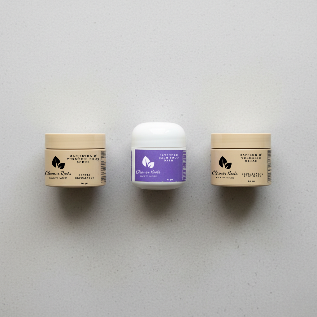Three skincare products from Clove & Root on a light gray background