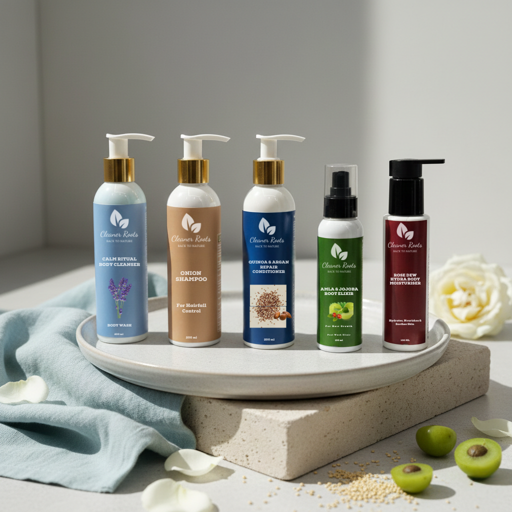 Five bottles of 'Cleaner Earth' skincare products on a stone platform with flowers and fruits.