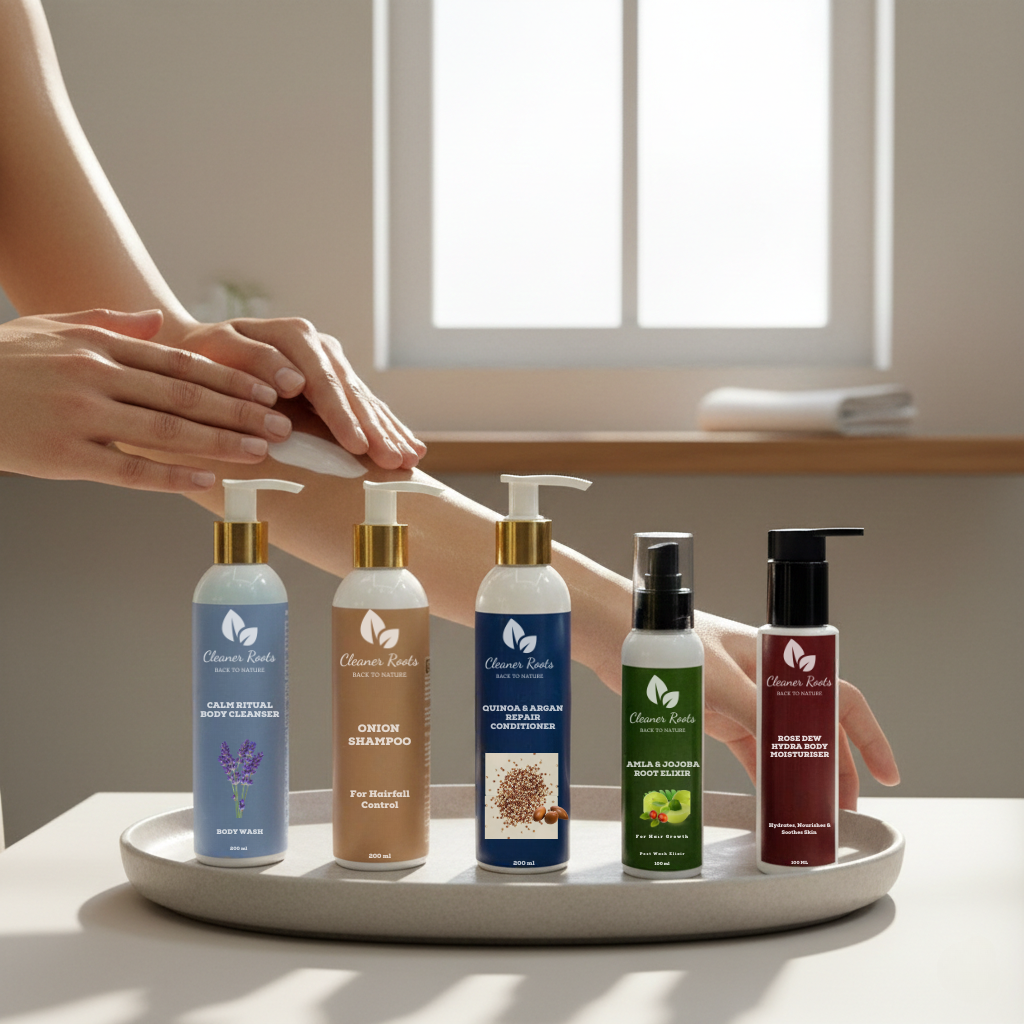Set of six skincare products on a tray with a blurred background