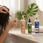 Person applying shampoo with hair care products on a bathroom counter.