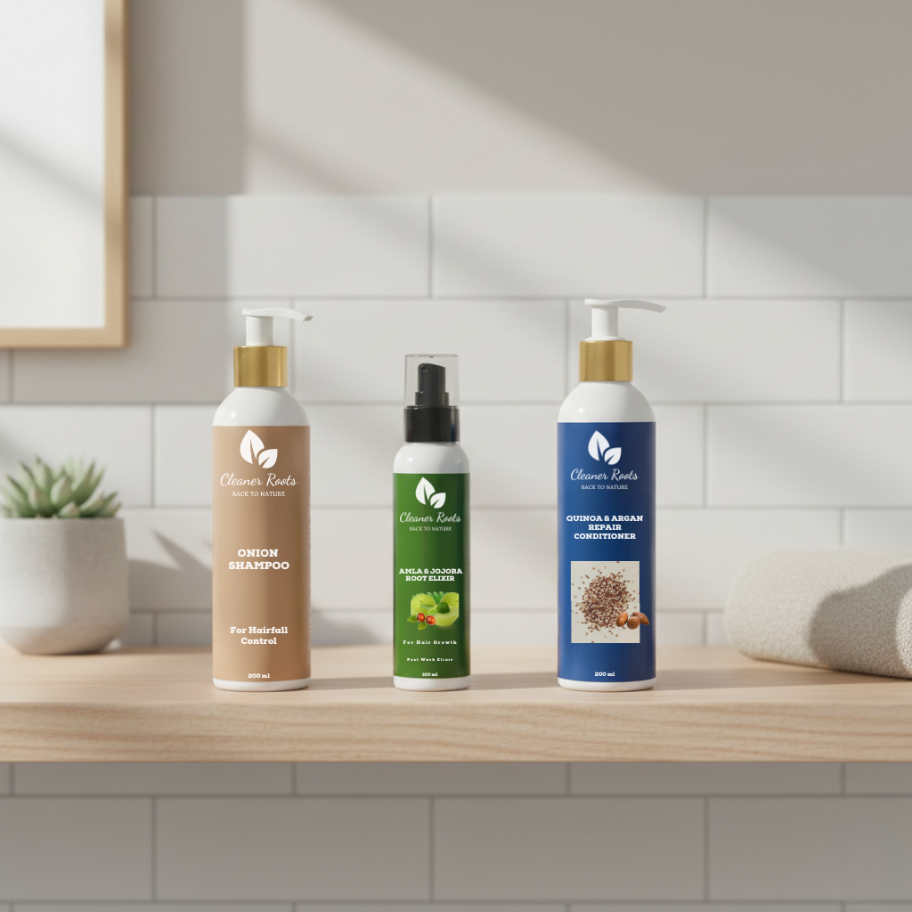 Three hair care products on a bathroom counter with a tiled wall background