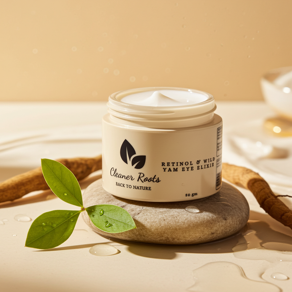 Jar of 'Cleaner Roots' eye elixir on a stone with leaves and a soft background