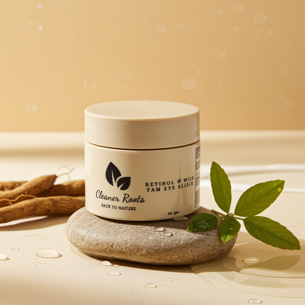 Cosmetic jar labeled 'Cleaner Roots' on a stone with leaves and a beige background