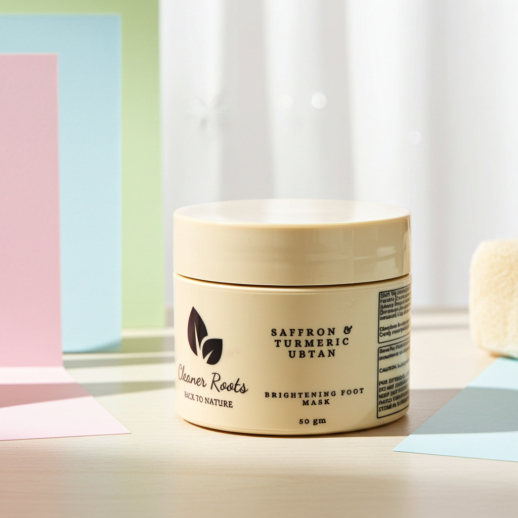 Jar of 'Cleaner Roots' saffron and turmeric uttan brightening foot mask on a neutral background