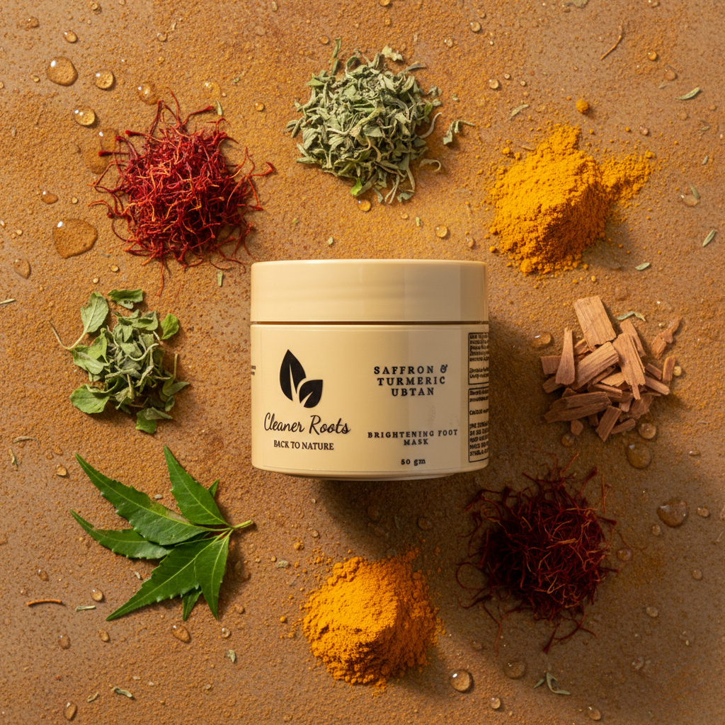 Jar of 'Cleaner Roots' product surrounded by saffron, turmeric, and other herbs on a textured surface.