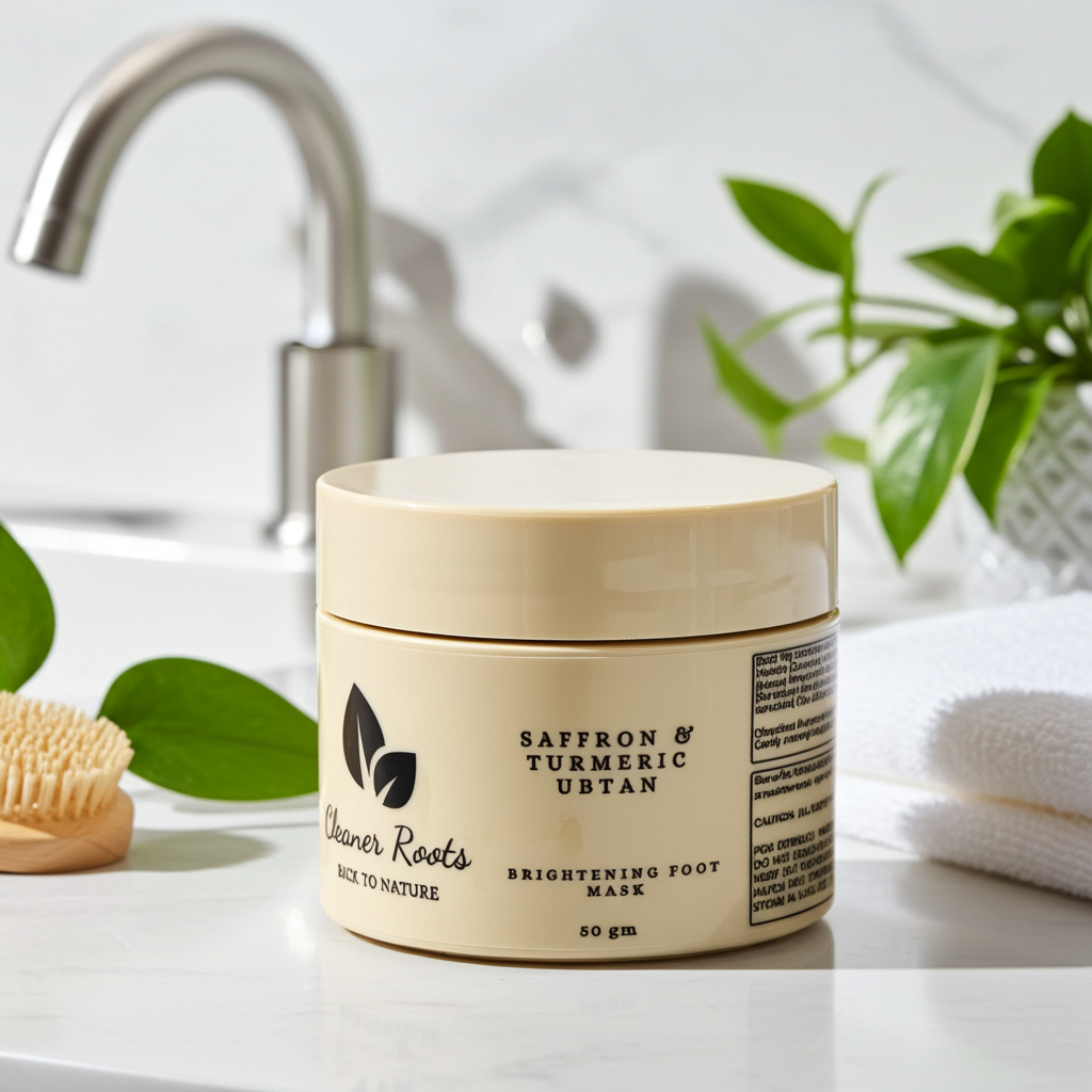 Jar of 'Saffron & Turmeric Ubtan' foot mask on a bathroom counter with a plant and towel in the background.