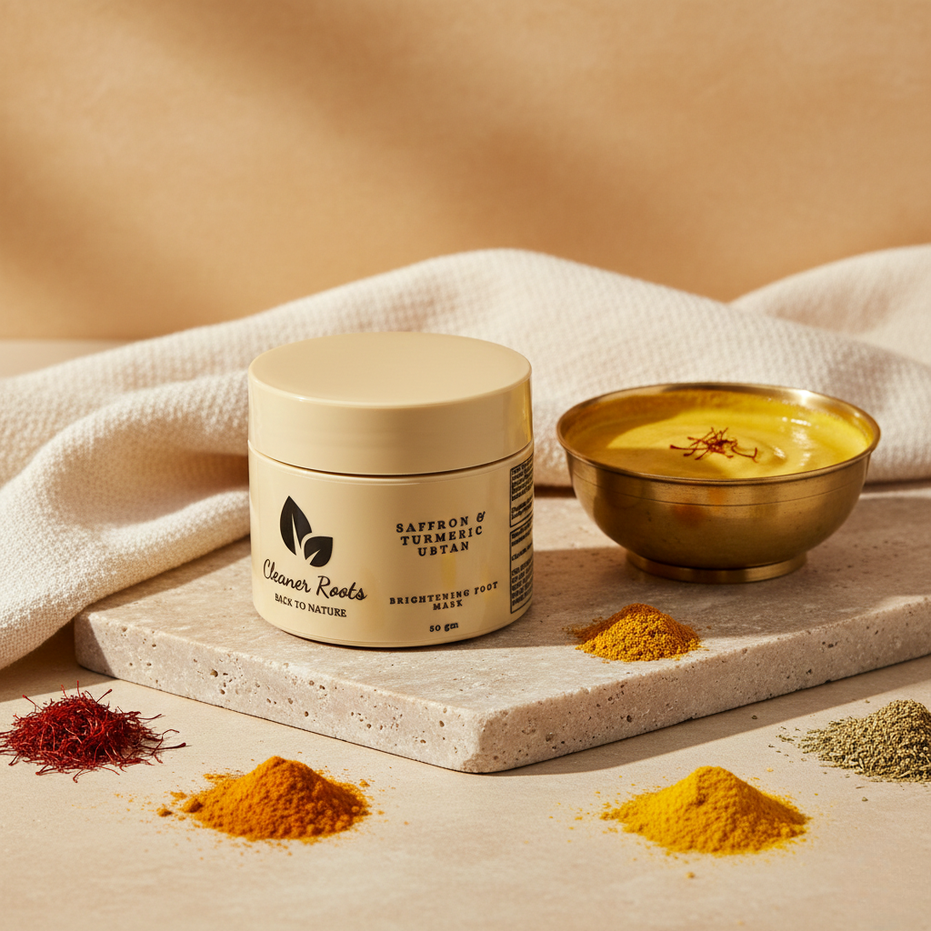 Jar of 'Cleaner Roots' product with saffron, turmeric, and other ingredients on a beige background