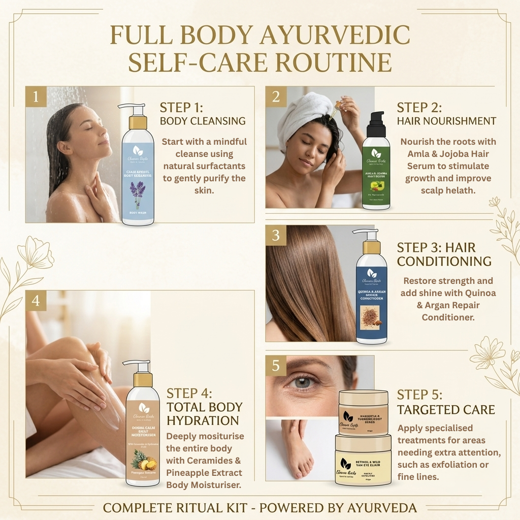 Full body ayurvedic self-care routine with step-by-step instructions and product images.