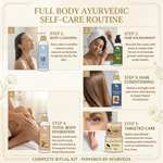 Full body ayurvedic self-care routine with step-by-step instructions and product images.