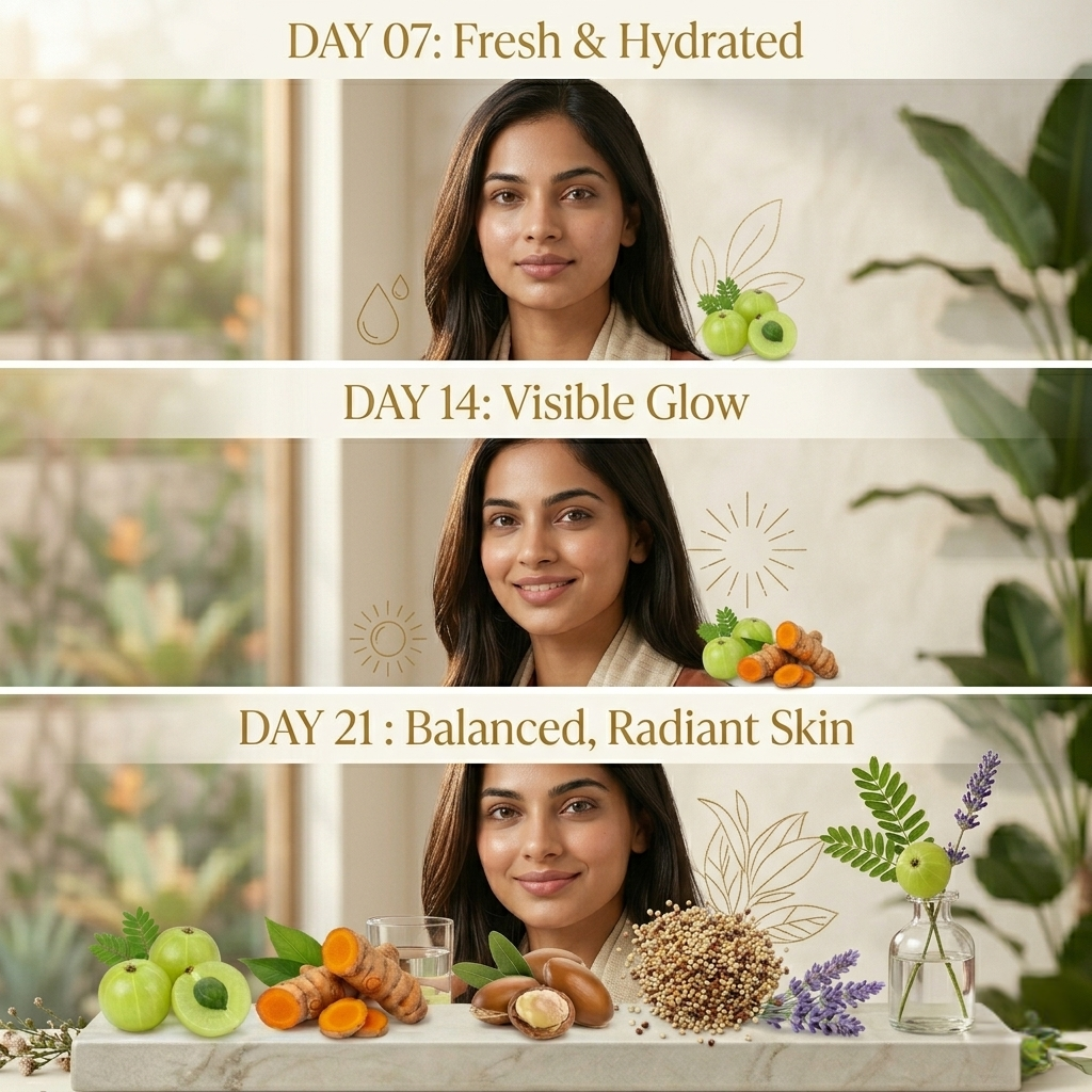 Woman with text indicating skincare progress over 21 days, surrounded by natural elements.