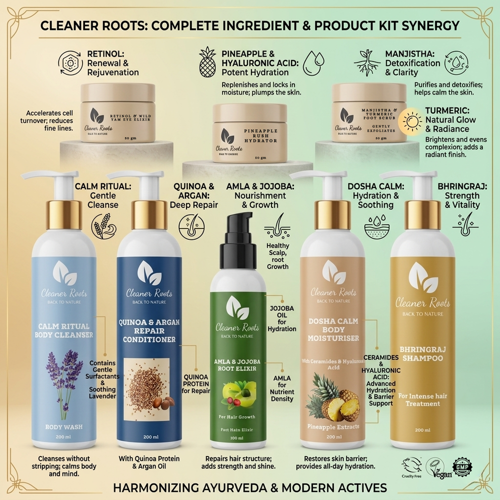 Collection of 'Cleaner Roots' skincare and hair care products with product descriptions on a decorative background.