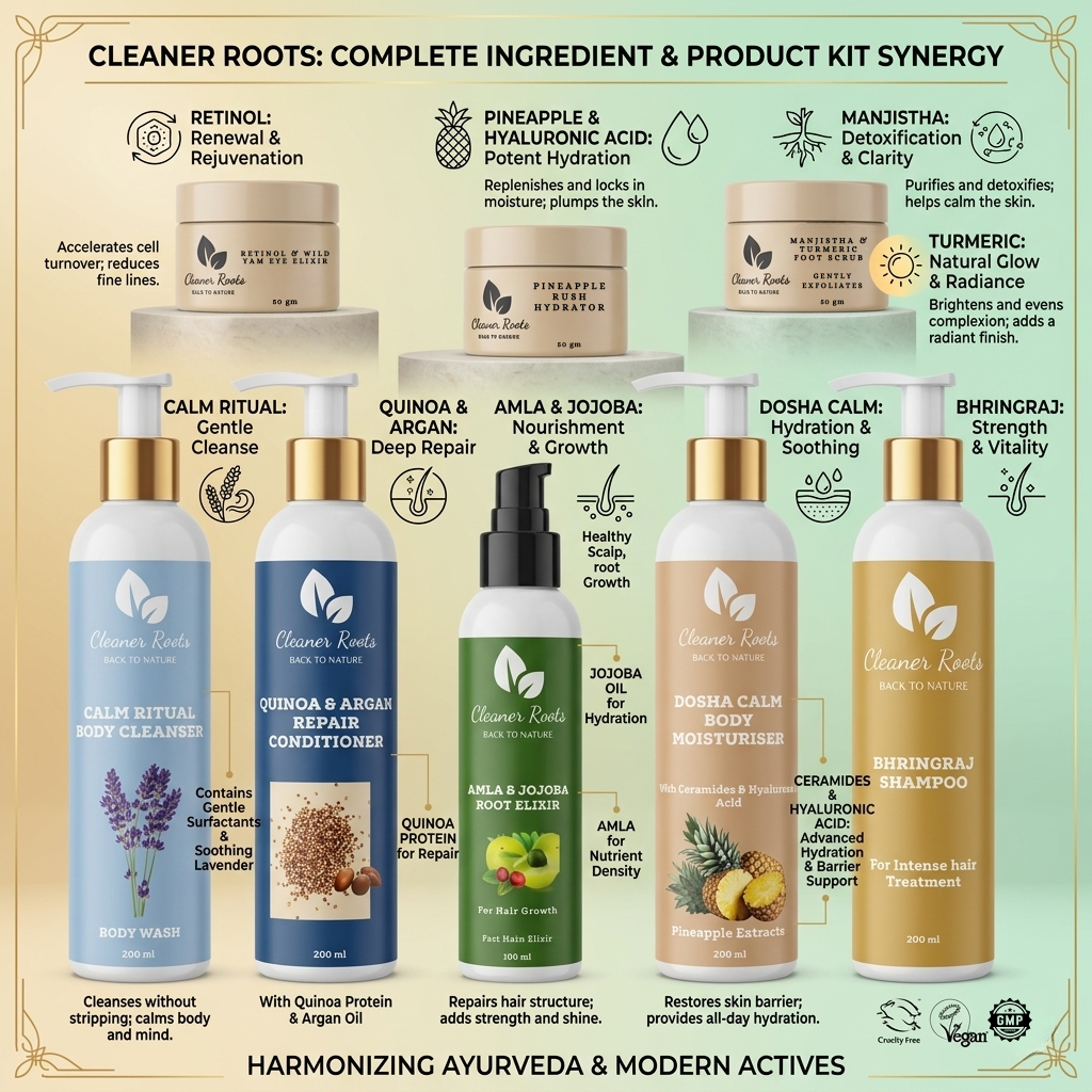 Collection of 'Cleaner Roots' skincare and hair care products with product descriptions on a decorative background.